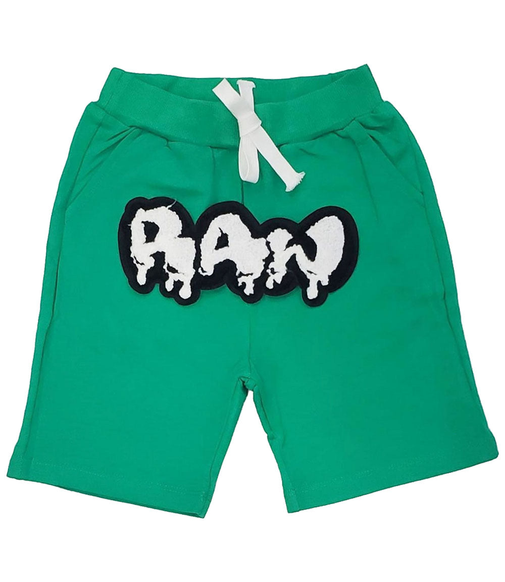Kids RAW Drip White Chenille Cotton Shorts - Green