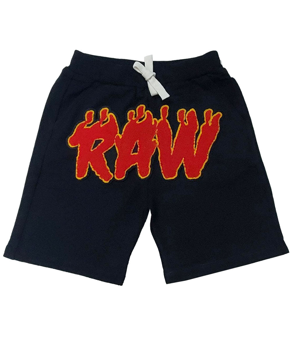 Kids RAW Flame Red Chenille Cotton Shorts - Black