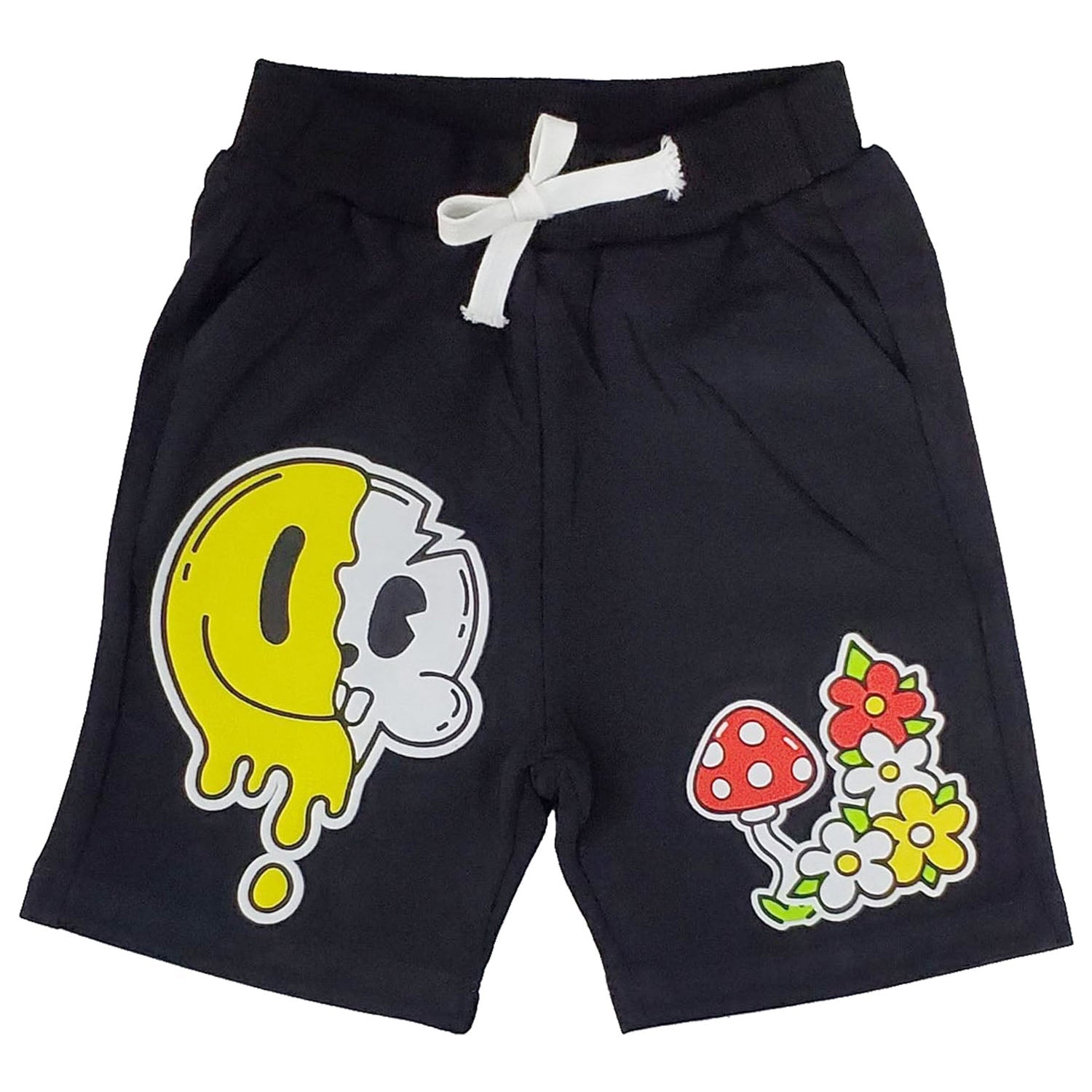Kids Smiley Drip Puff Print Cotton Shorts - Black
