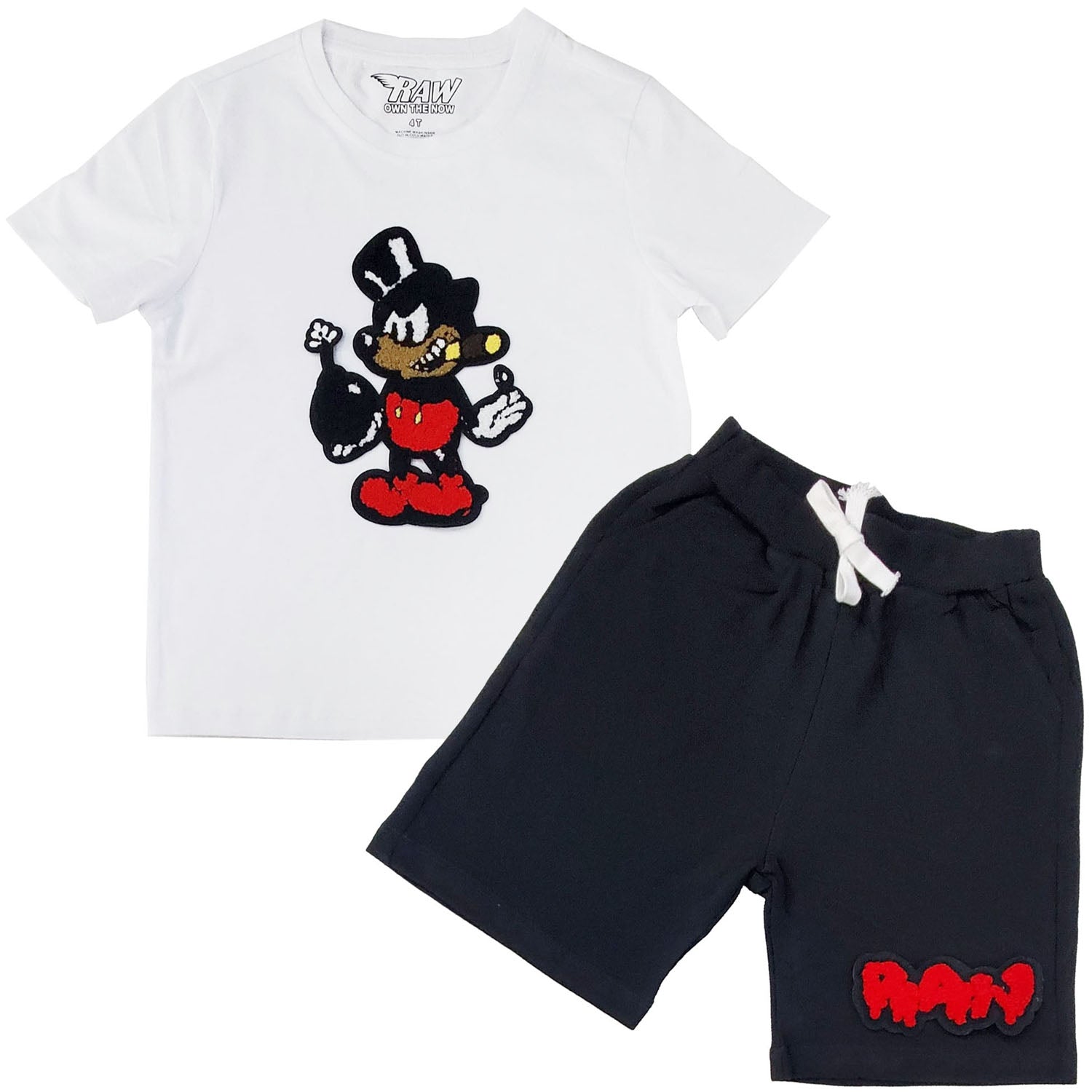 Kids Bomb Chenille Crew Neck T-Shirt and Raw Drip Red Chenille Cotton Shorts Set
