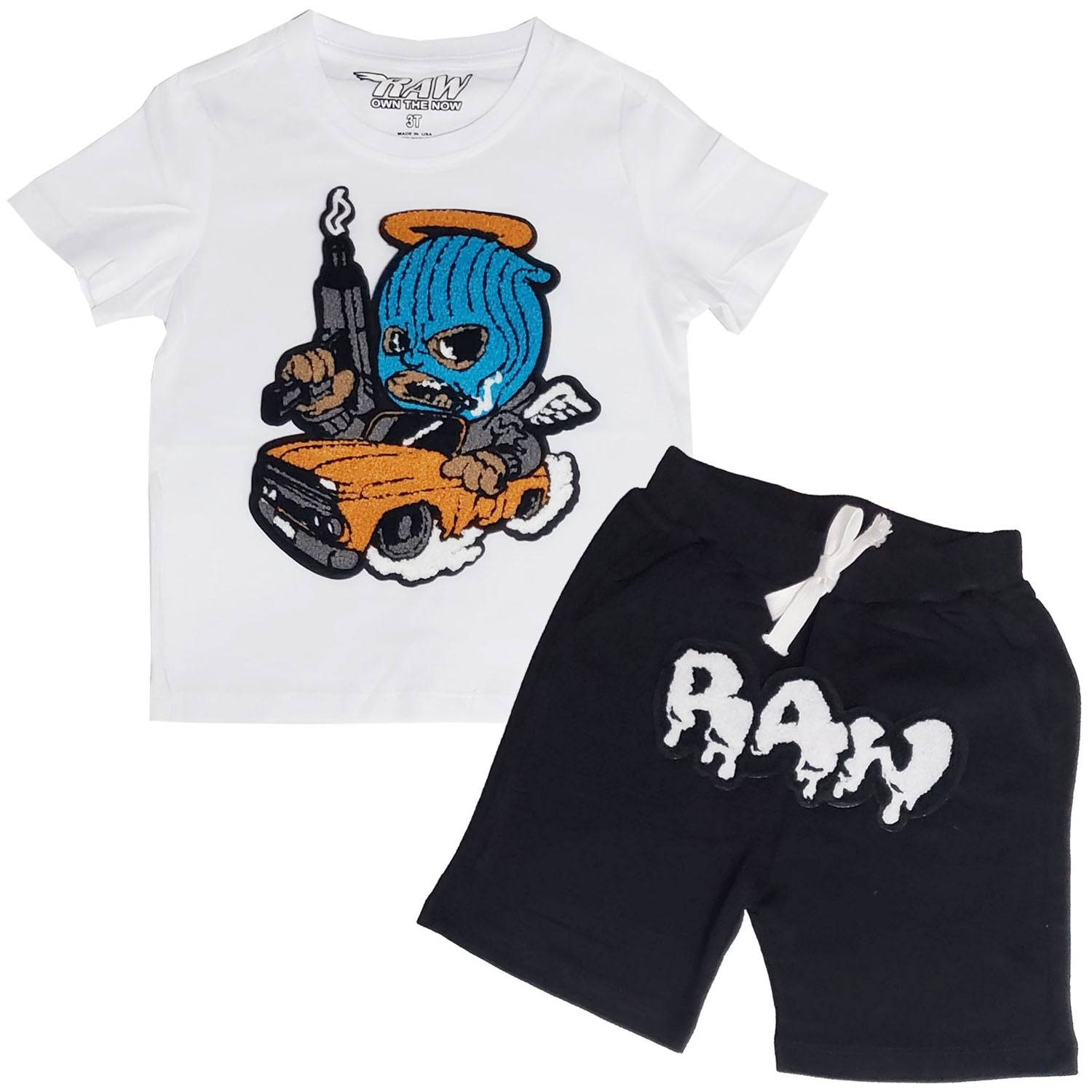Kids Gangster Chenille Crew Neck T-Shirt and RAW Drip Chenille Cotton Shorts Set