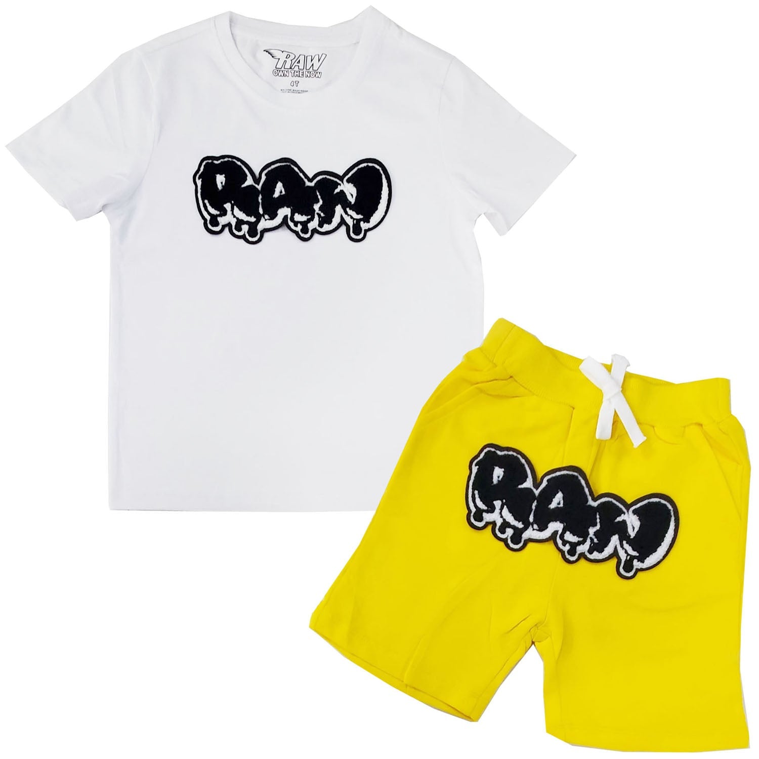 Kids RAW Drip Black Chenille Crew Neck T-Shirt and Cotton Shorts Set