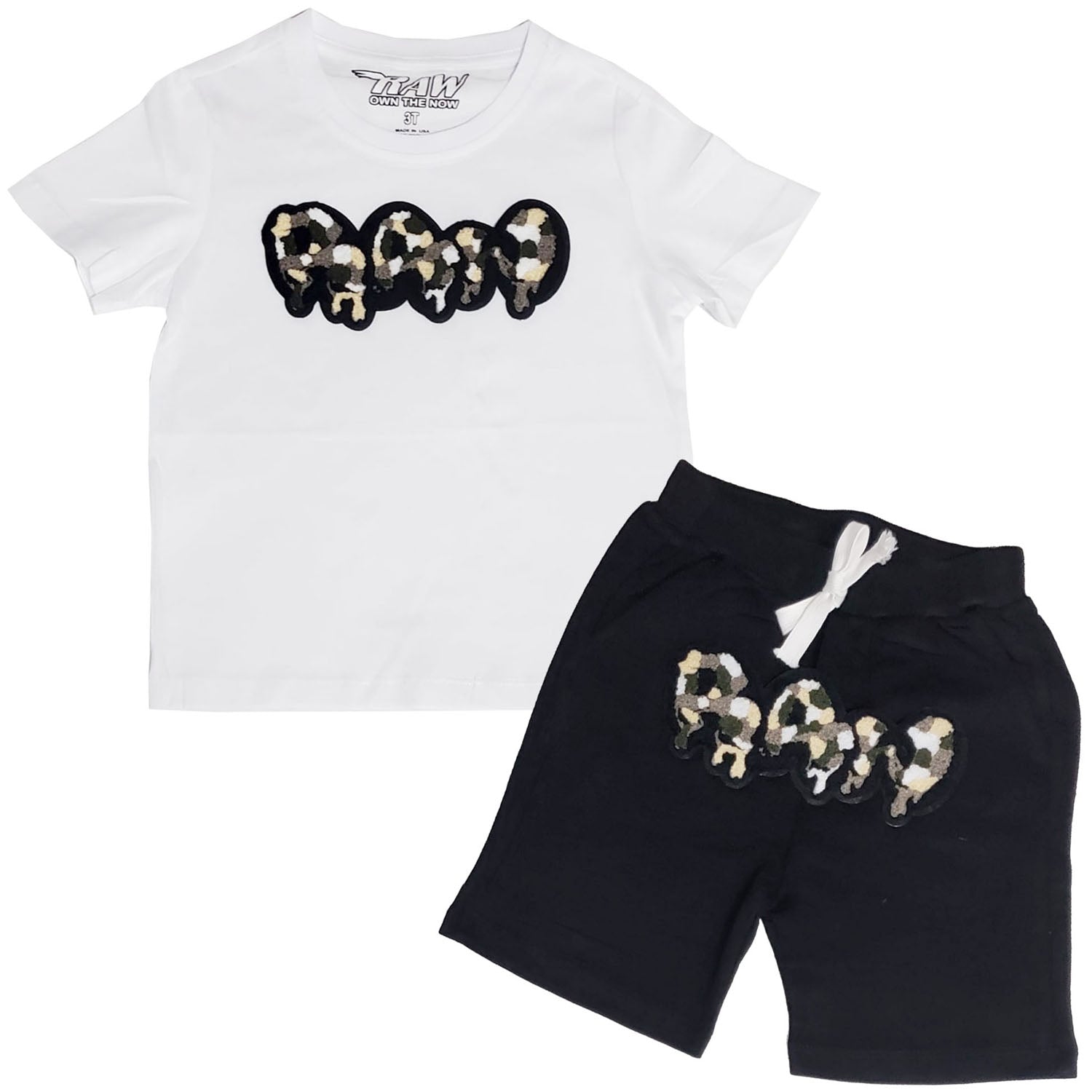 Kids RAW Drip Camo Grey Chenille Crew Neck T-Shirt and Cotton Shorts Set