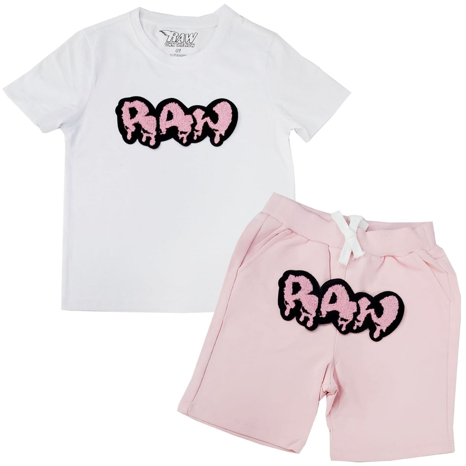 Kids RAW Drip Pink Chenille Crew Neck and Cotton Shorts Set