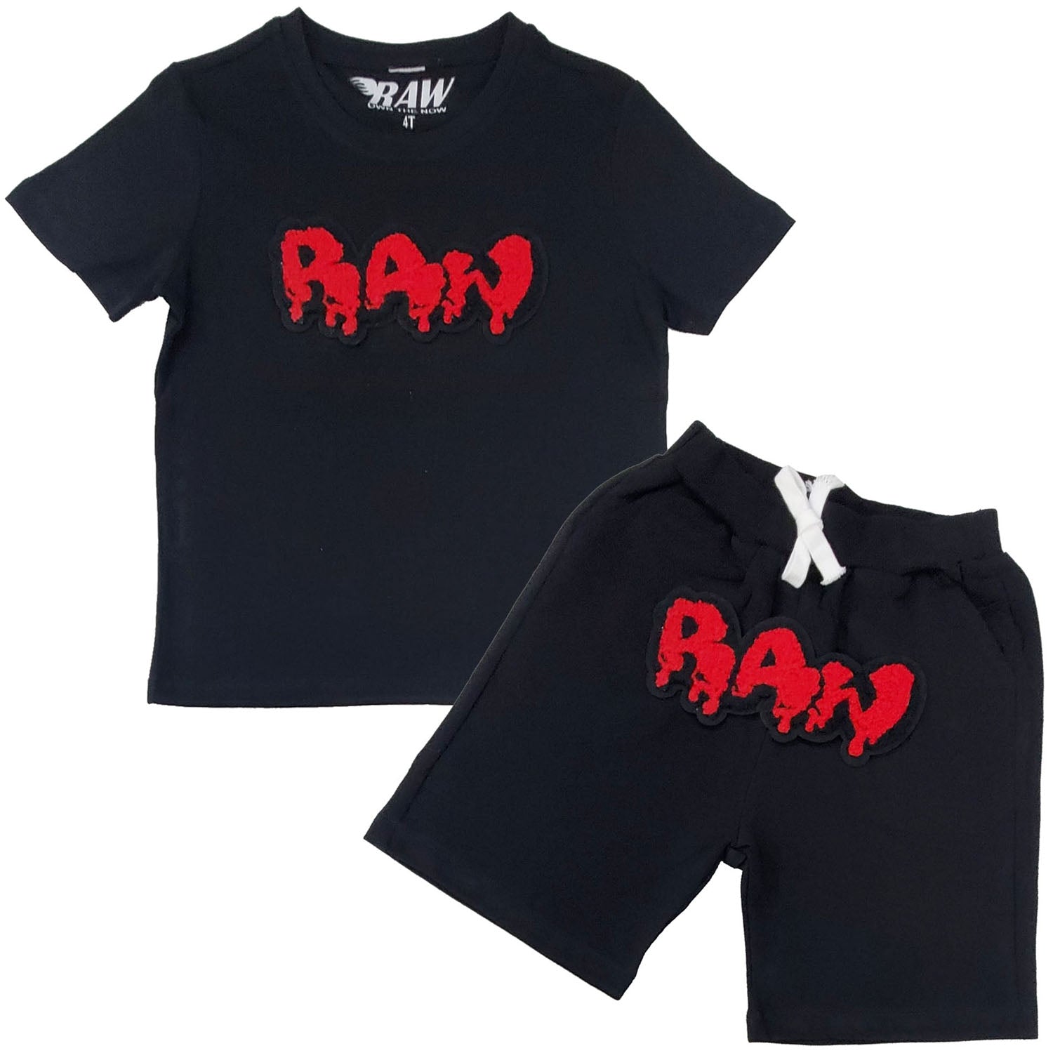 Kids RAW Drip Red Chenille Crew Neck T-Shirt and Cotton Shorts Set