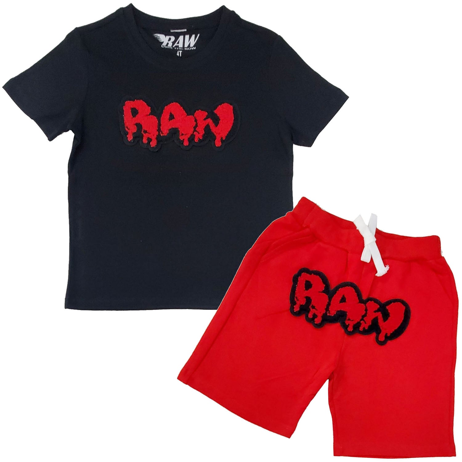 Kids RAW Drip Red Chenille Crew Neck T-Shirt and Cotton Shorts Set