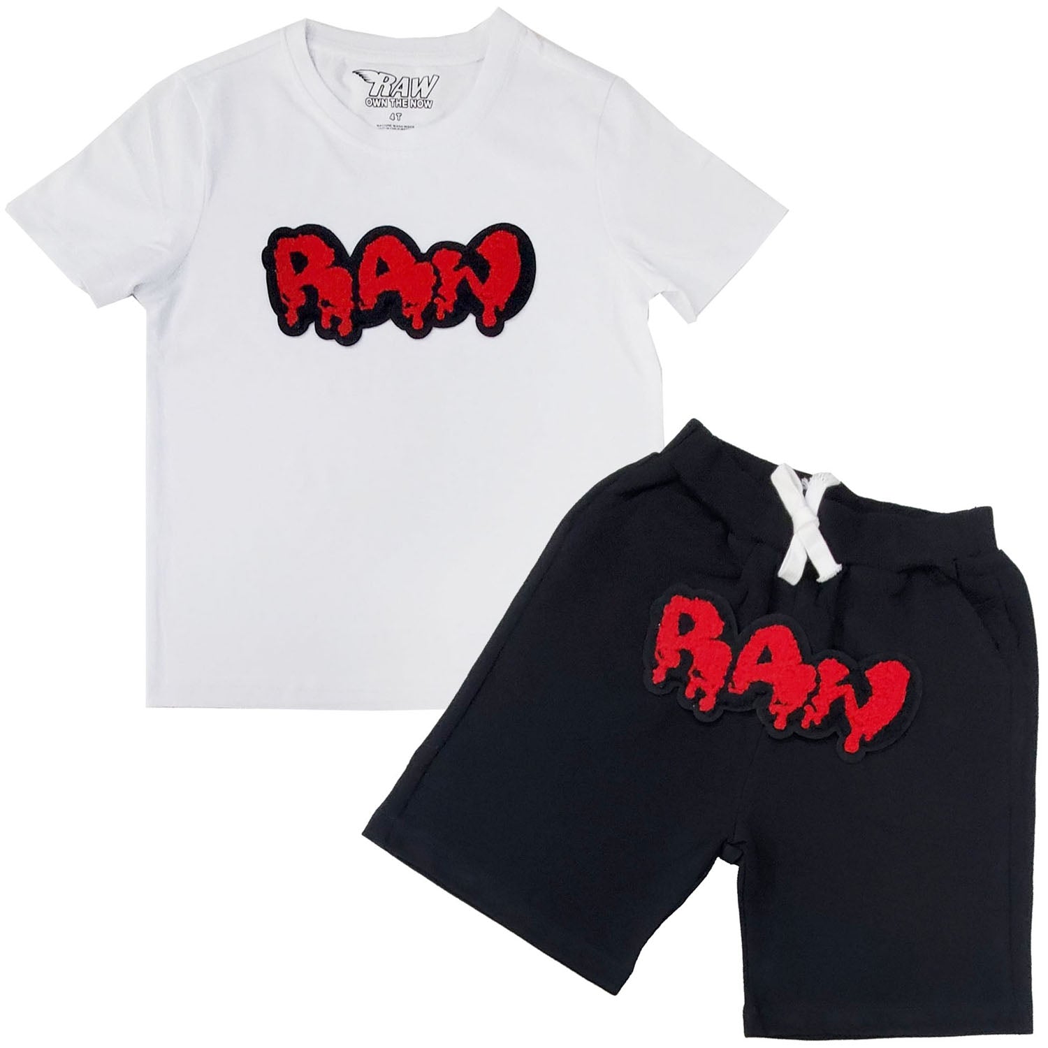 Kids RAW Drip Red Chenille Crew Neck T-Shirt and Cotton Shorts Set