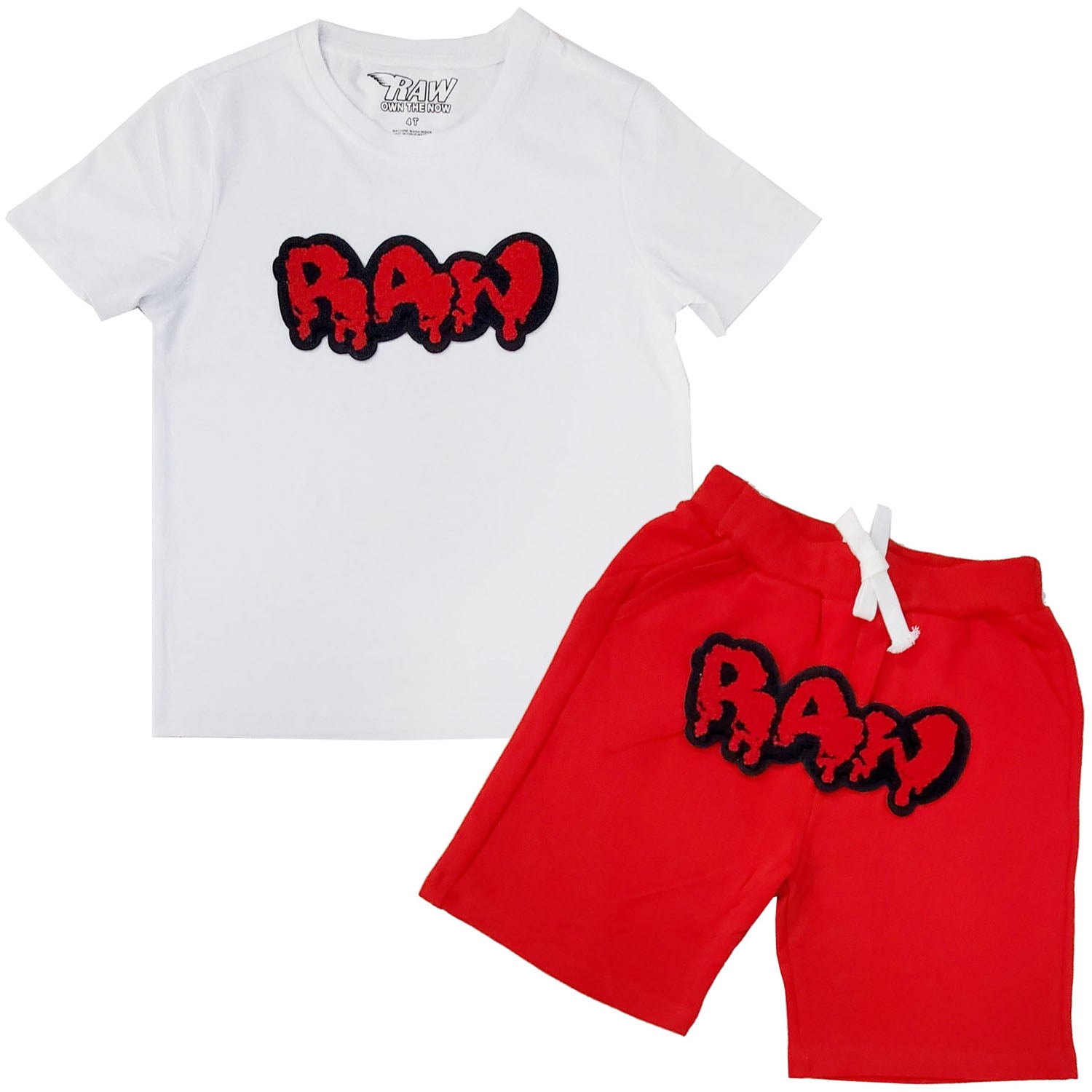 Kids RAW Drip Red Chenille Crew Neck T-Shirt and Cotton Shorts Set