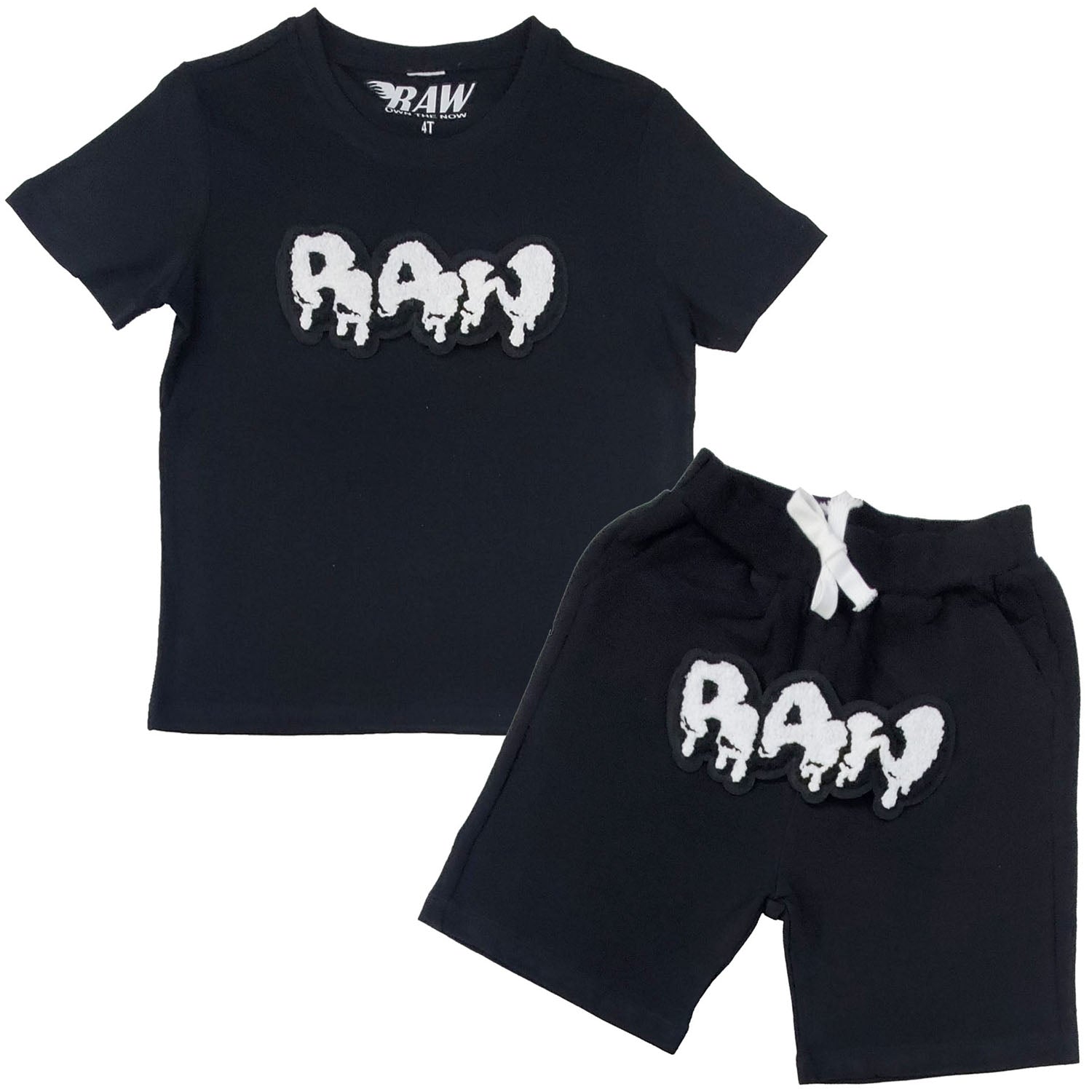Kids RAW Drip White Chenille Crew Neck and Cotton Shorts Set