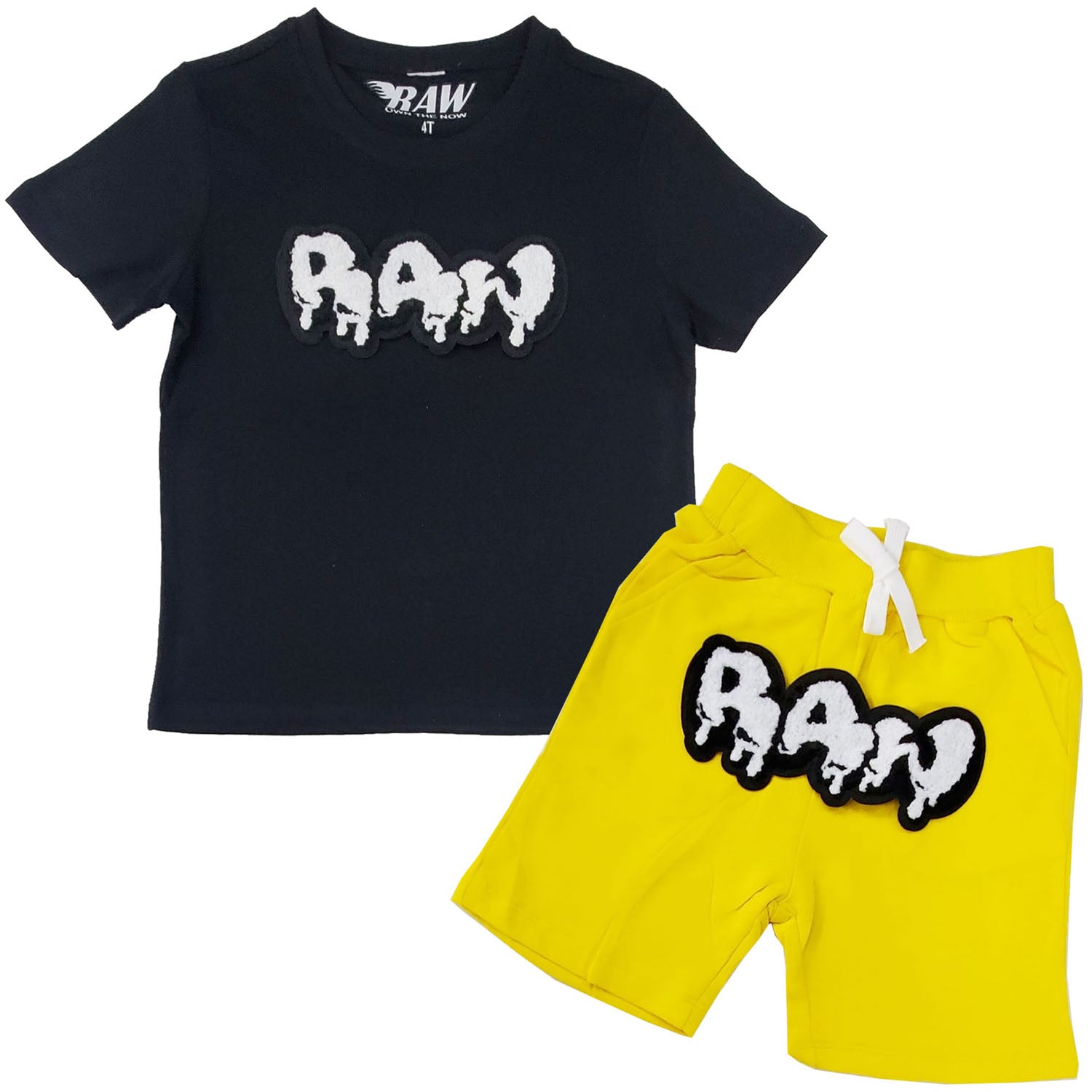 Kids RAW Drip White Chenille Crew Neck and Cotton Shorts Set