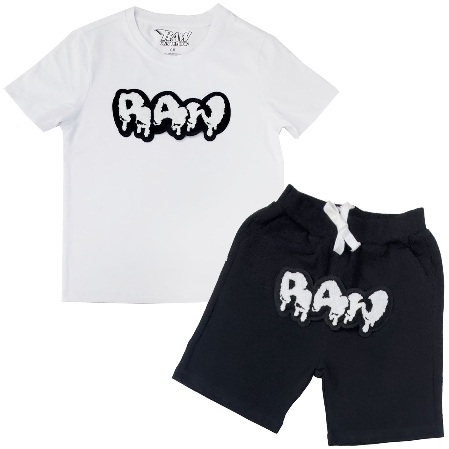 Kids RAW Drip White Chenille Crew Neck and Cotton Shorts Set