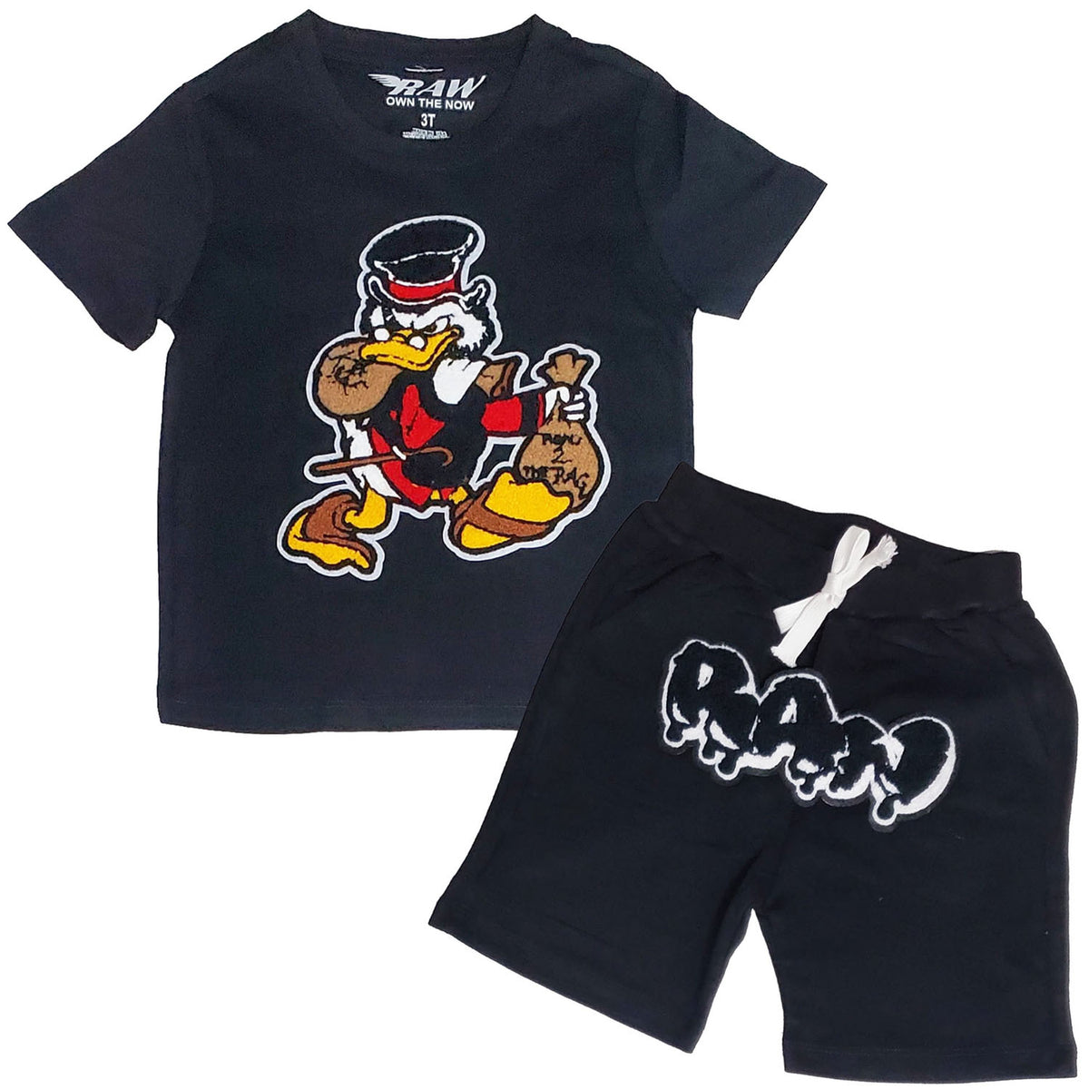 Kids Secure The Bag Chenille Crew Neck and RAW Drip Black Chenille Cotton Shorts Set