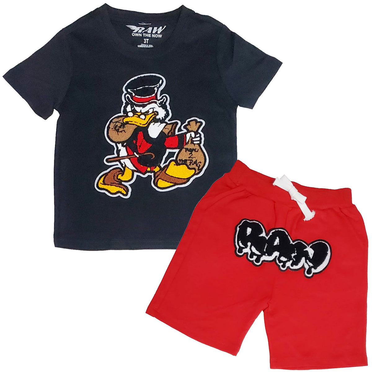 Kids Secure The Bag Chenille Crew Neck and RAW Drip Black Chenille Cotton Shorts Set