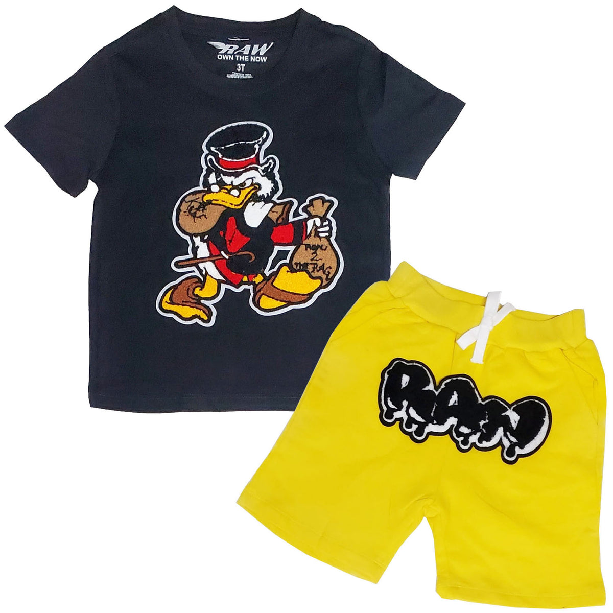 Kids Secure The Bag Chenille Crew Neck and RAW Drip Black Chenille Cotton Shorts Set