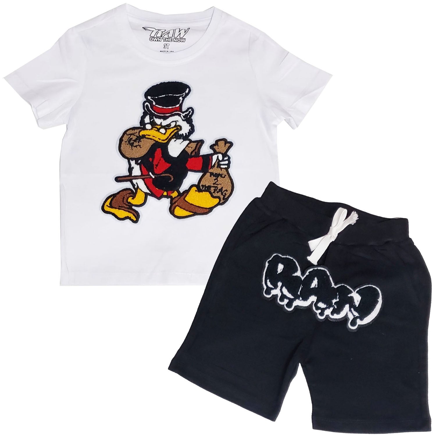 Kids Secure The Bag Chenille Crew Neck and RAW Drip Black Chenille Cotton Shorts Set