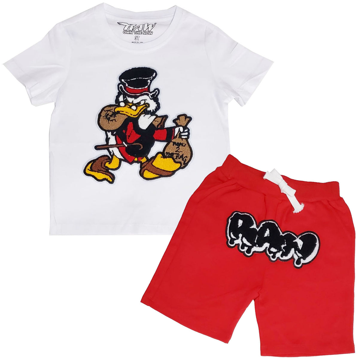 Kids Secure The Bag Chenille Crew Neck and RAW Drip Black Chenille Cotton Shorts Set