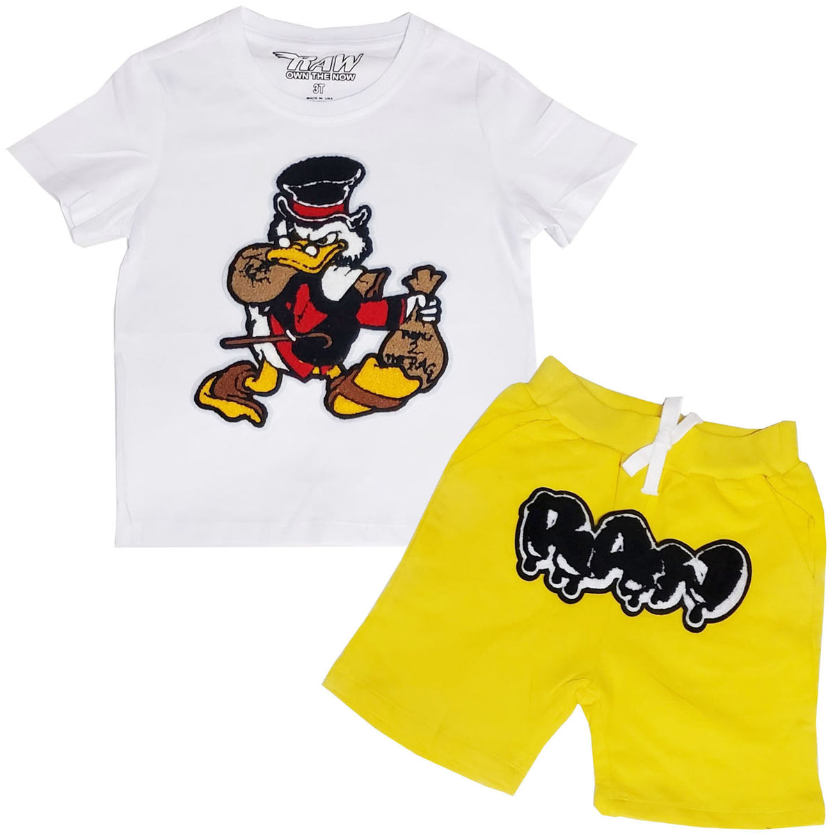 Kids Secure The Bag Chenille Crew Neck and RAW Drip Black Chenille Cotton Shorts Set