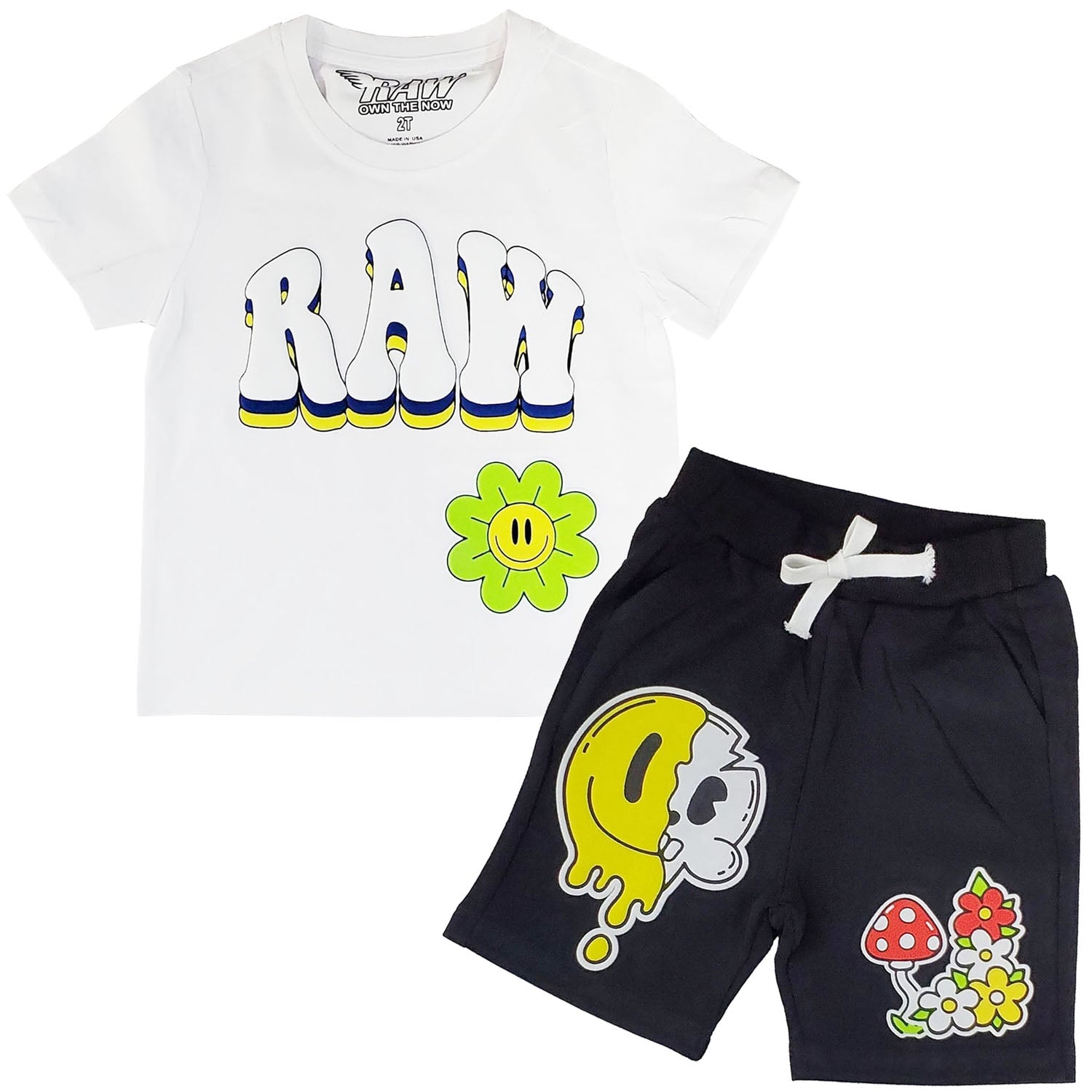 Kids Smiley Drip Puff Print Crew Neck and Cotton Shorts Set