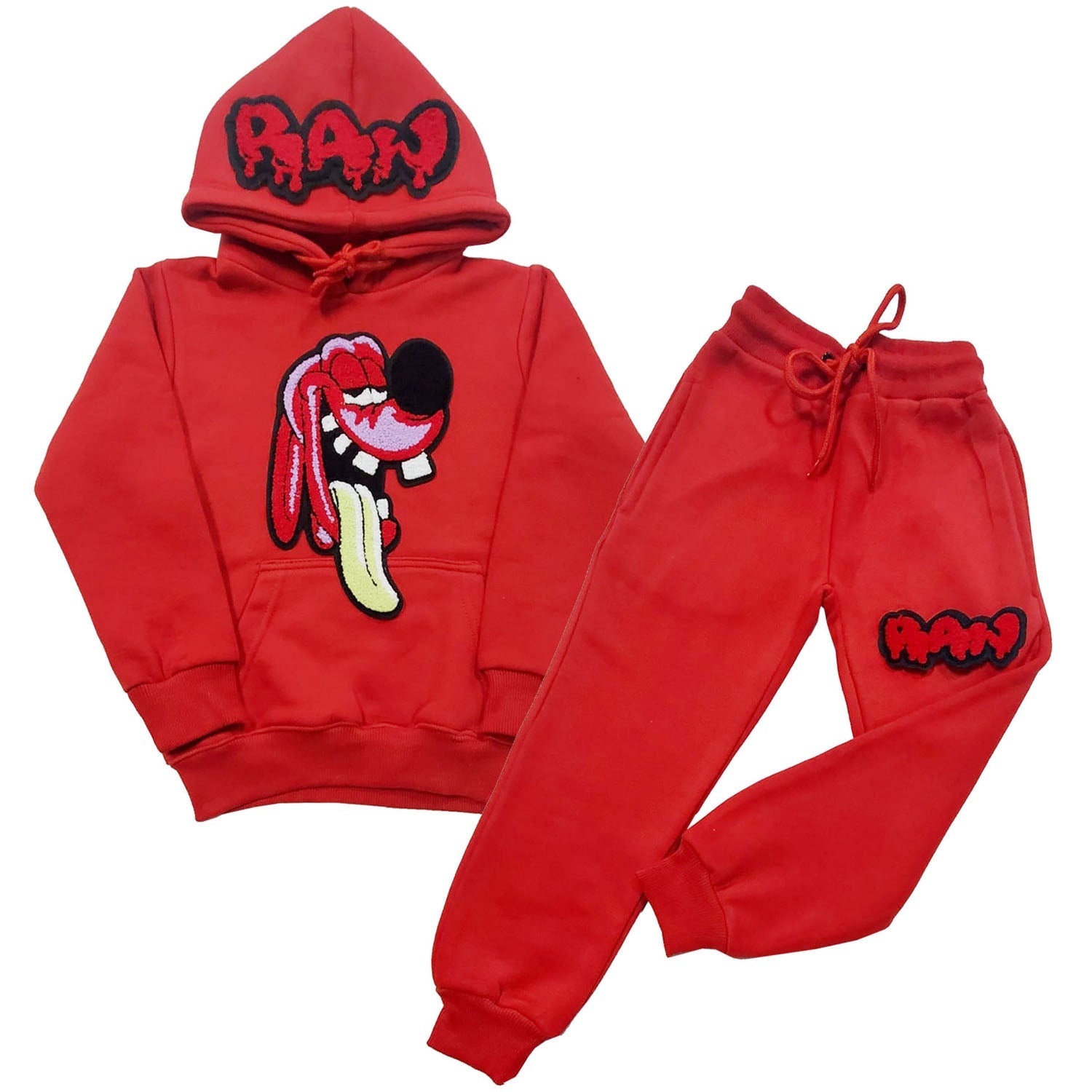Kids Anti Social Red RAW Drip Red Chenille Hoodie and Jogger Set