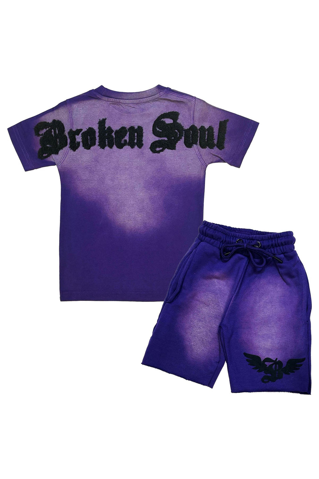 Kids Broken Soul Black Chenille T-Shirt and Cotton Shorts Set