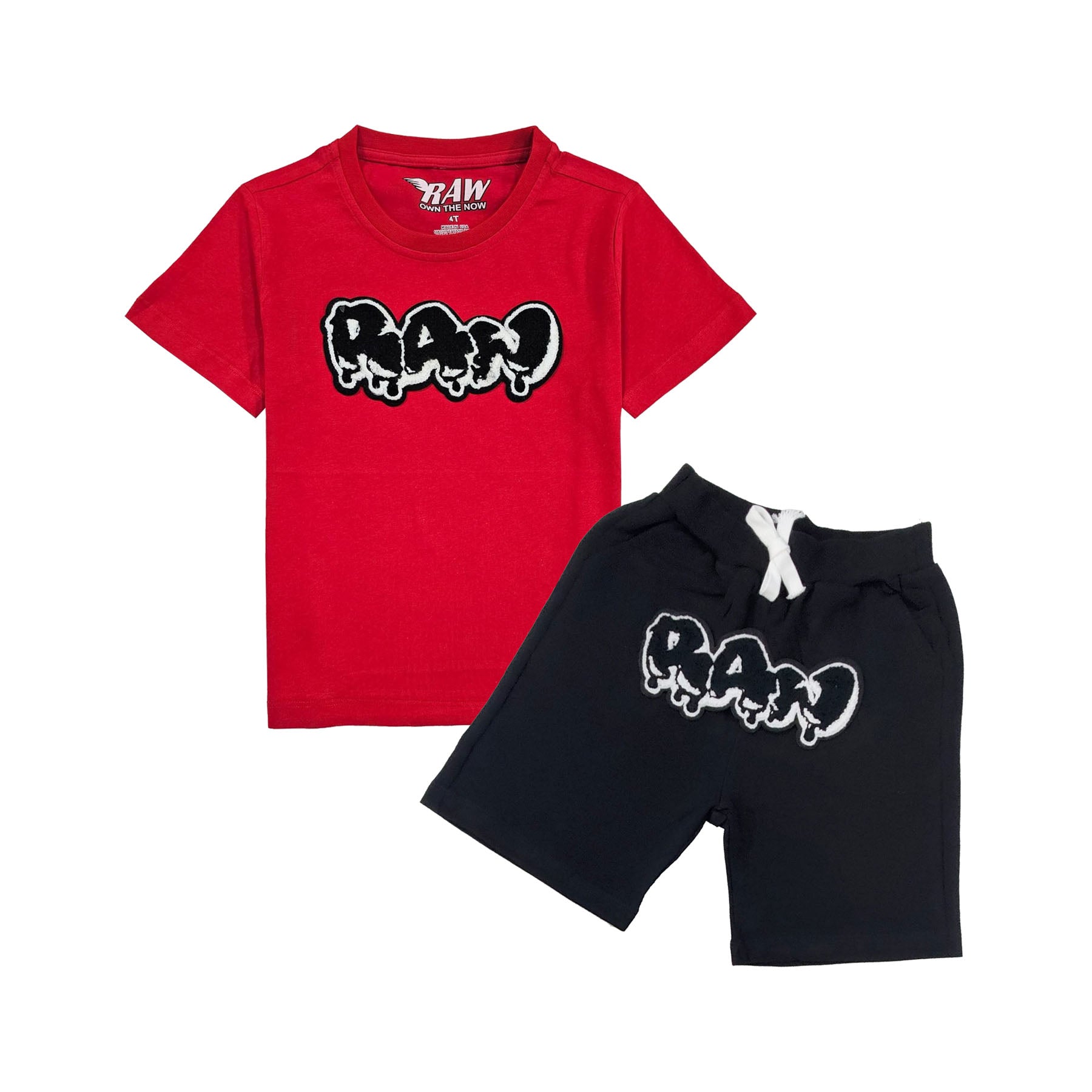 Kids RAW Drip Black Chenille Crew Neck T-Shirt and Cotton Shorts Set