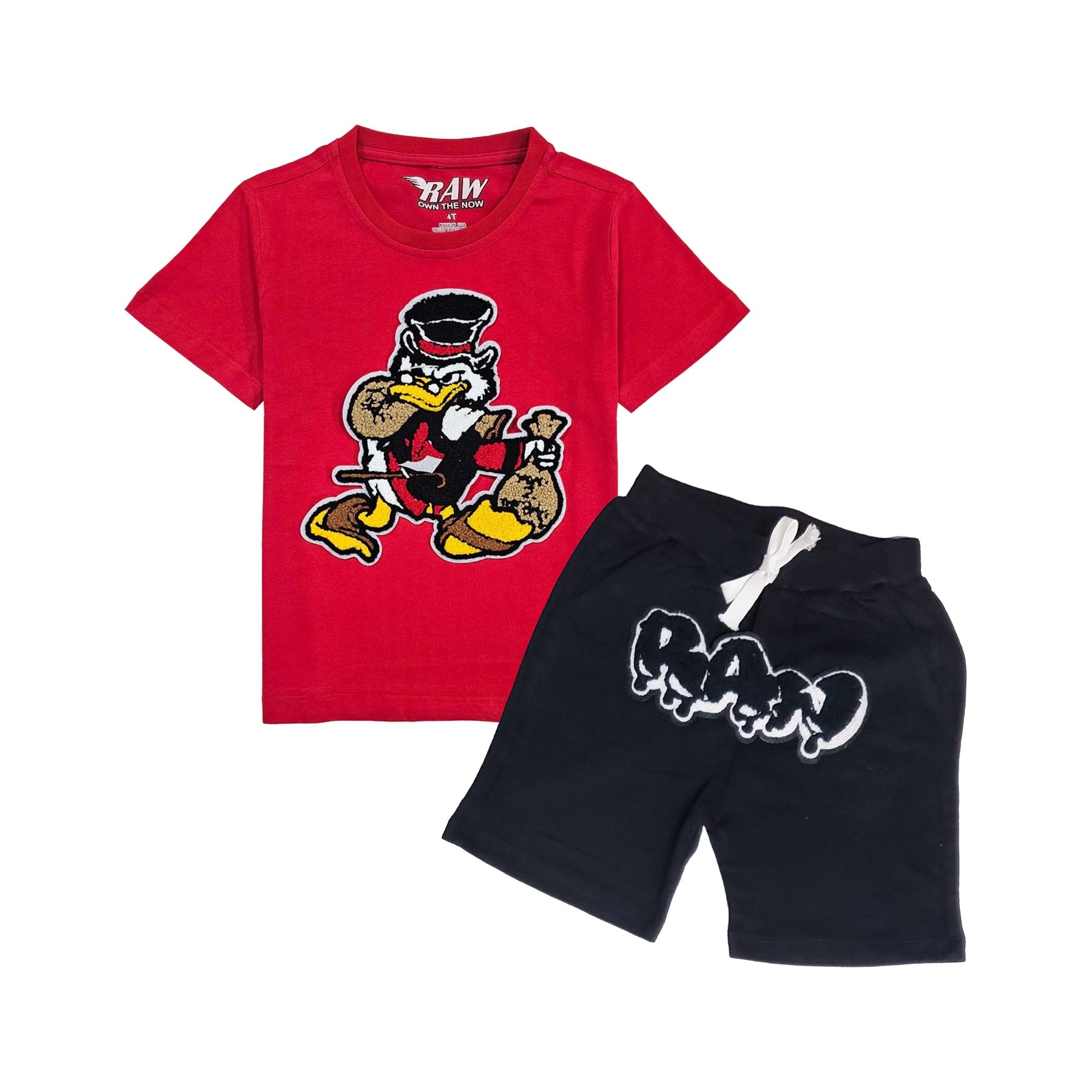 Kids Secure The Bag Chenille Crew Neck and RAW Drip Black Chenille Cotton Shorts Set
