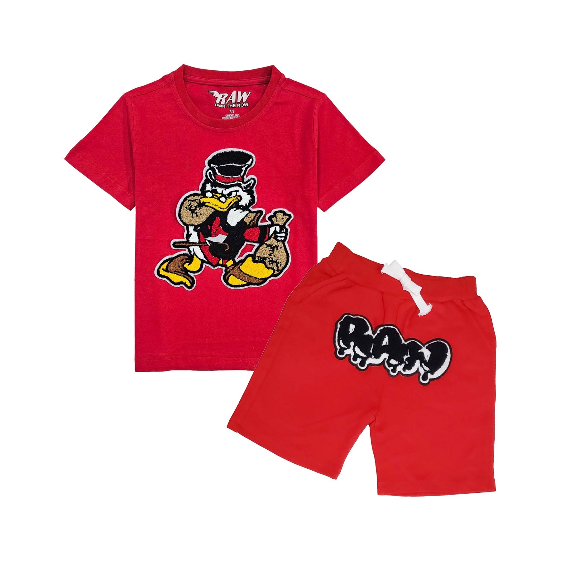 Kids Secure The Bag Chenille Crew Neck and RAW Drip Black Chenille Cotton Shorts Set