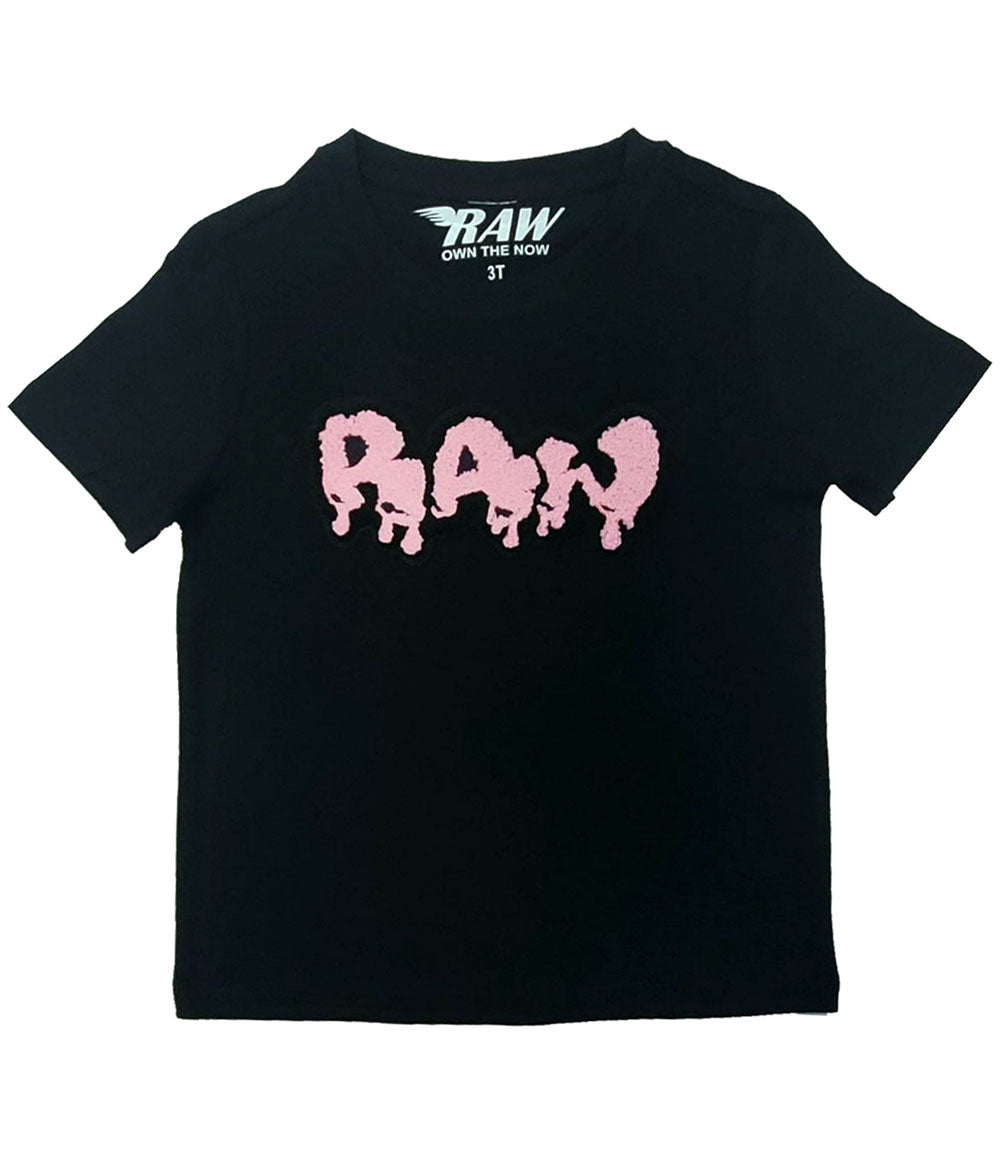 Kids RAW Drip Pink Chenille Crew Neck - Black