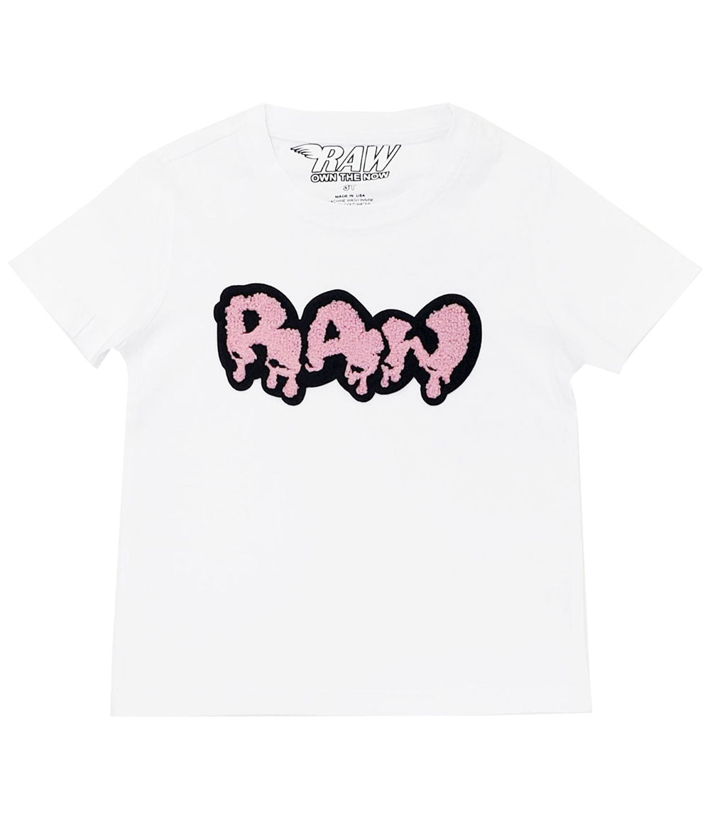 Kids RAW Drip Pink Chenille Crew Neck - White