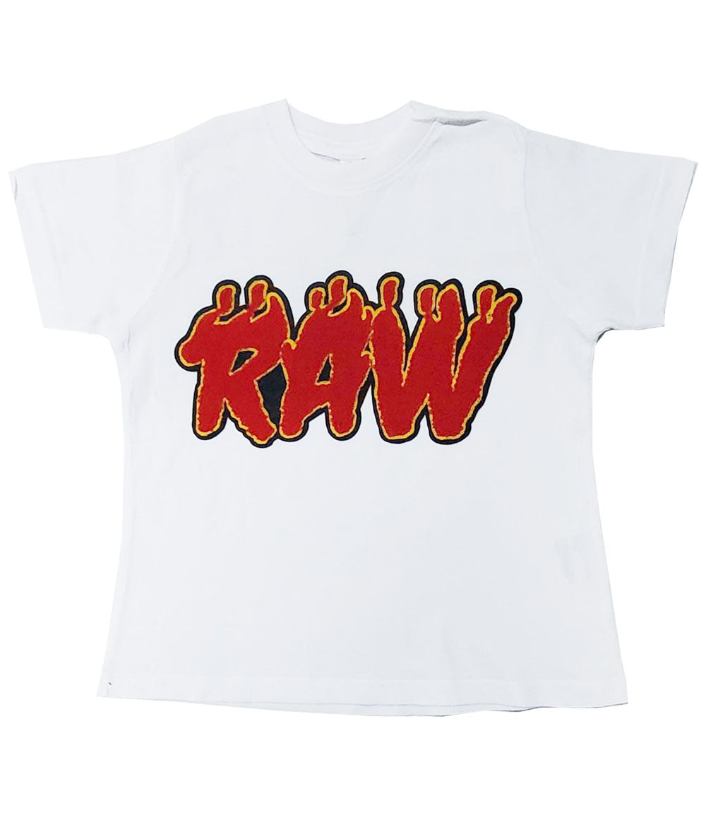 Kids RAW Flame Red Chenille Crew Neck - White
