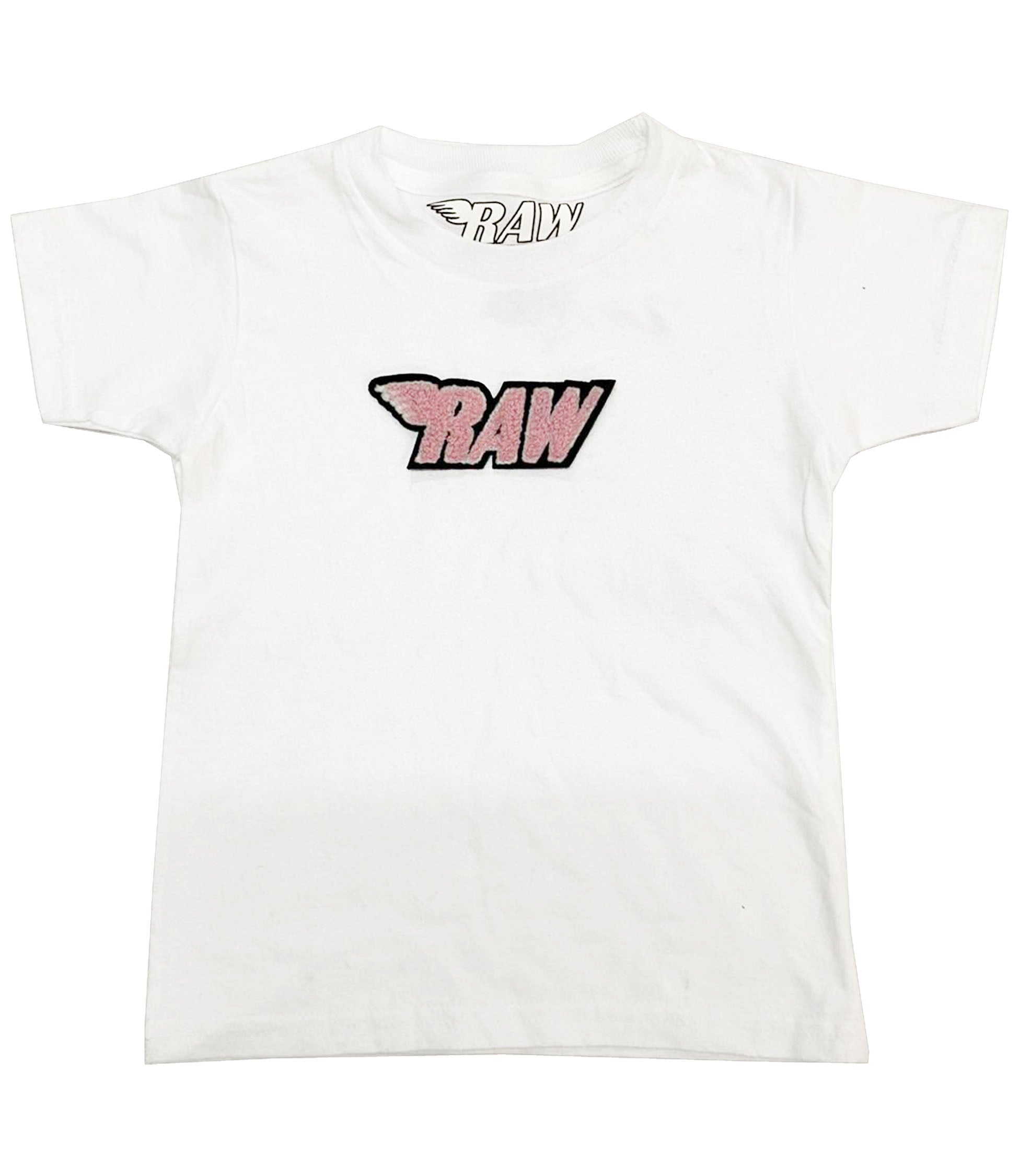 Kids RAW Wing Pink Chenille Crew Neck - White
