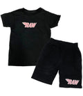 Kids RAW Pink Chenille Crew Neck and Cotton Shorts Set - Black Tees / Black Shorts