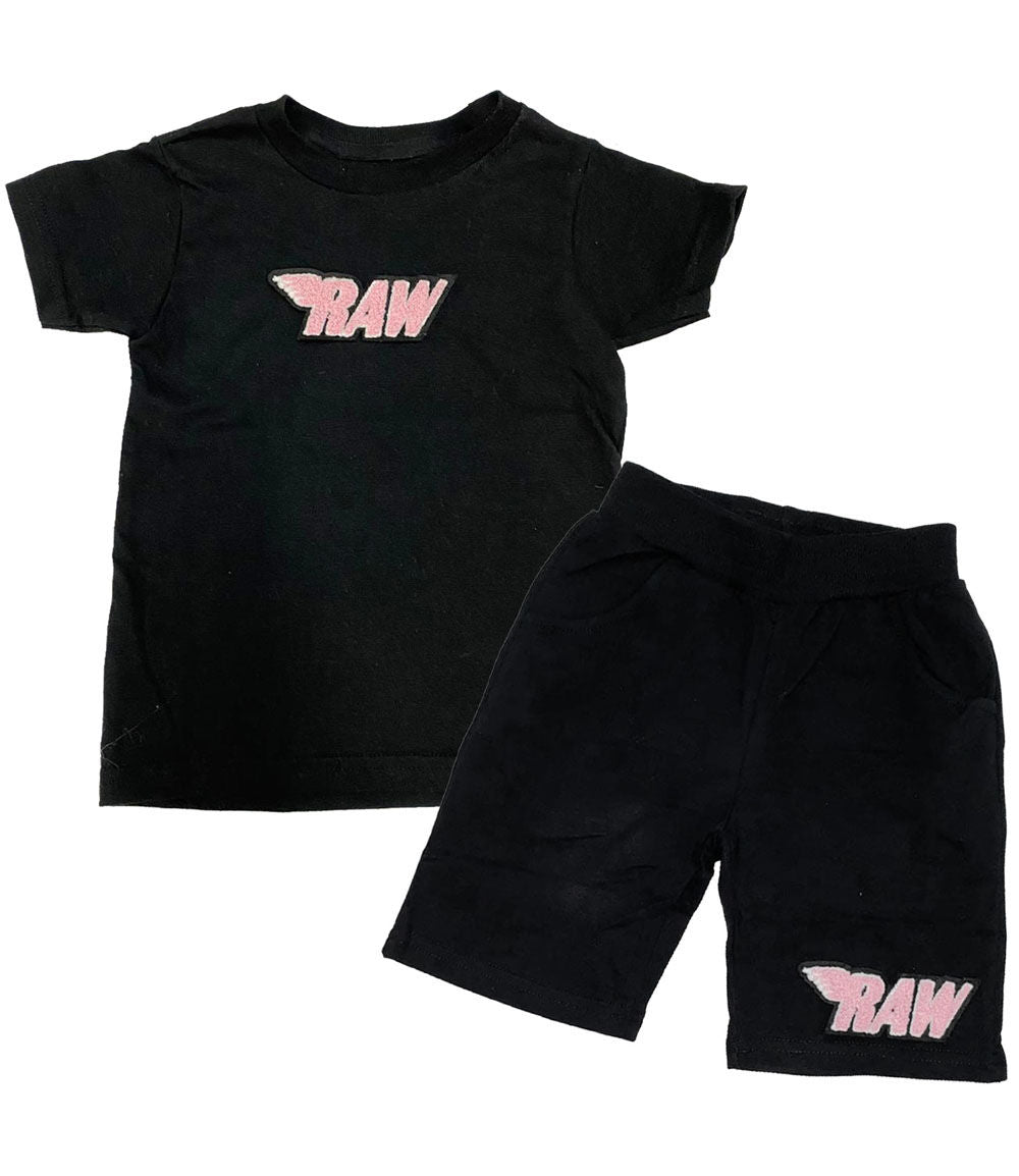 Kids RAW Pink Chenille Crew Neck and Cotton Shorts Set - Black Tees / Black Shorts