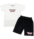 Kids RAW Pink Chenille Crew Neck and Cotton Shorts Set - White Tees / Black Shorts