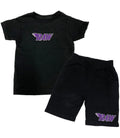 Kids RAW Purple Chenille Crew Neck and Cotton Shorts Set - Black Tees / Black Shorts