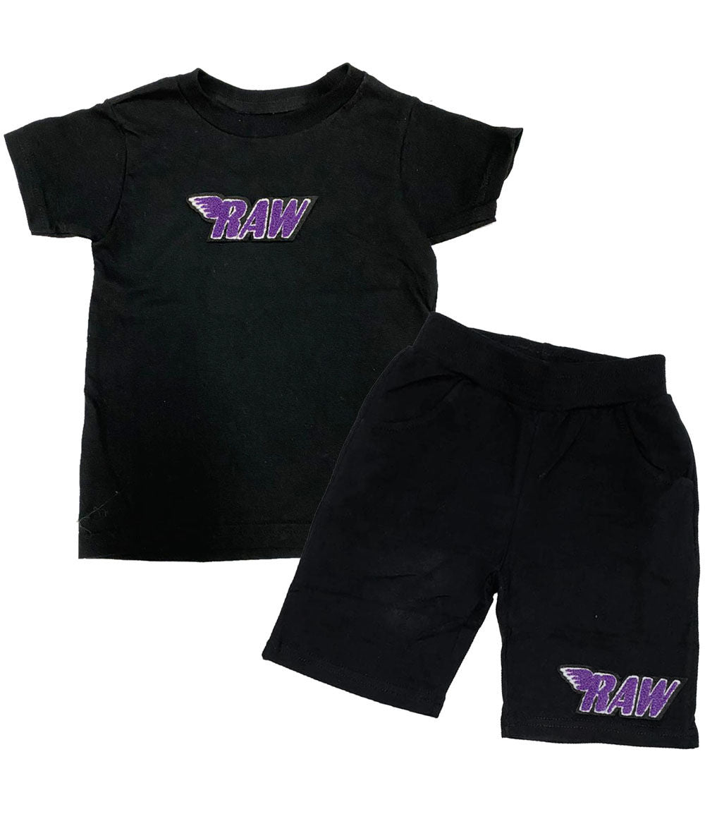 Kids RAW Purple Chenille Crew Neck and Cotton Shorts Set - Black Tees / Black Shorts