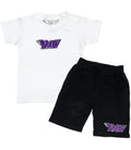 Kids RAW Purple Chenille Crew Neck and Cotton Shorts Set - White Tees / Black Shorts