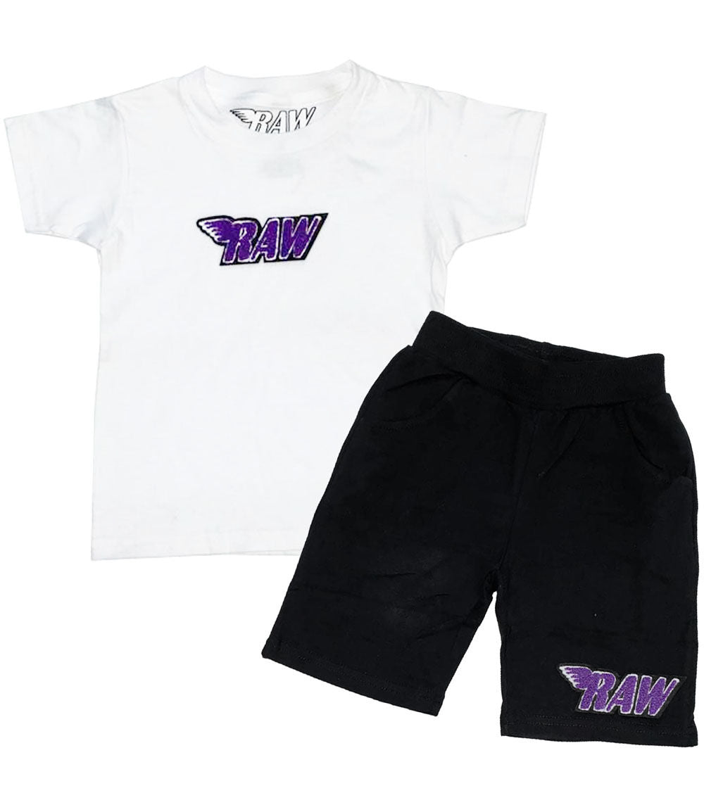 Kids RAW Purple Chenille Crew Neck and Cotton Shorts Set - White Tees / Black Shorts