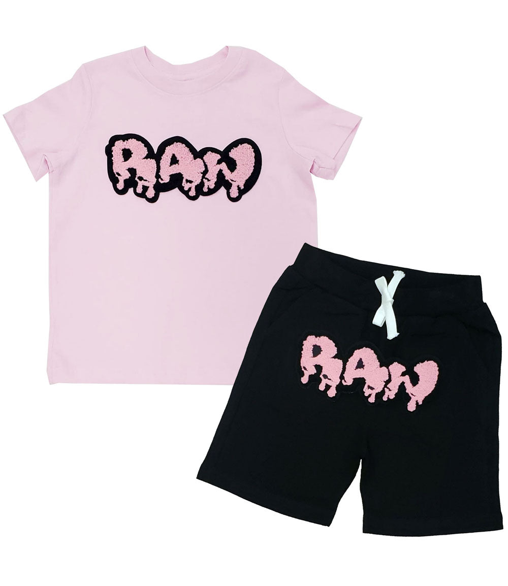 Kids RAW Drip Pink Chenille Crew Neck and Cotton Shorts Set