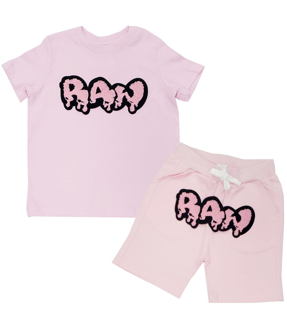 Kids RAW Drip Pink Chenille Crew Neck and Cotton Shorts Set