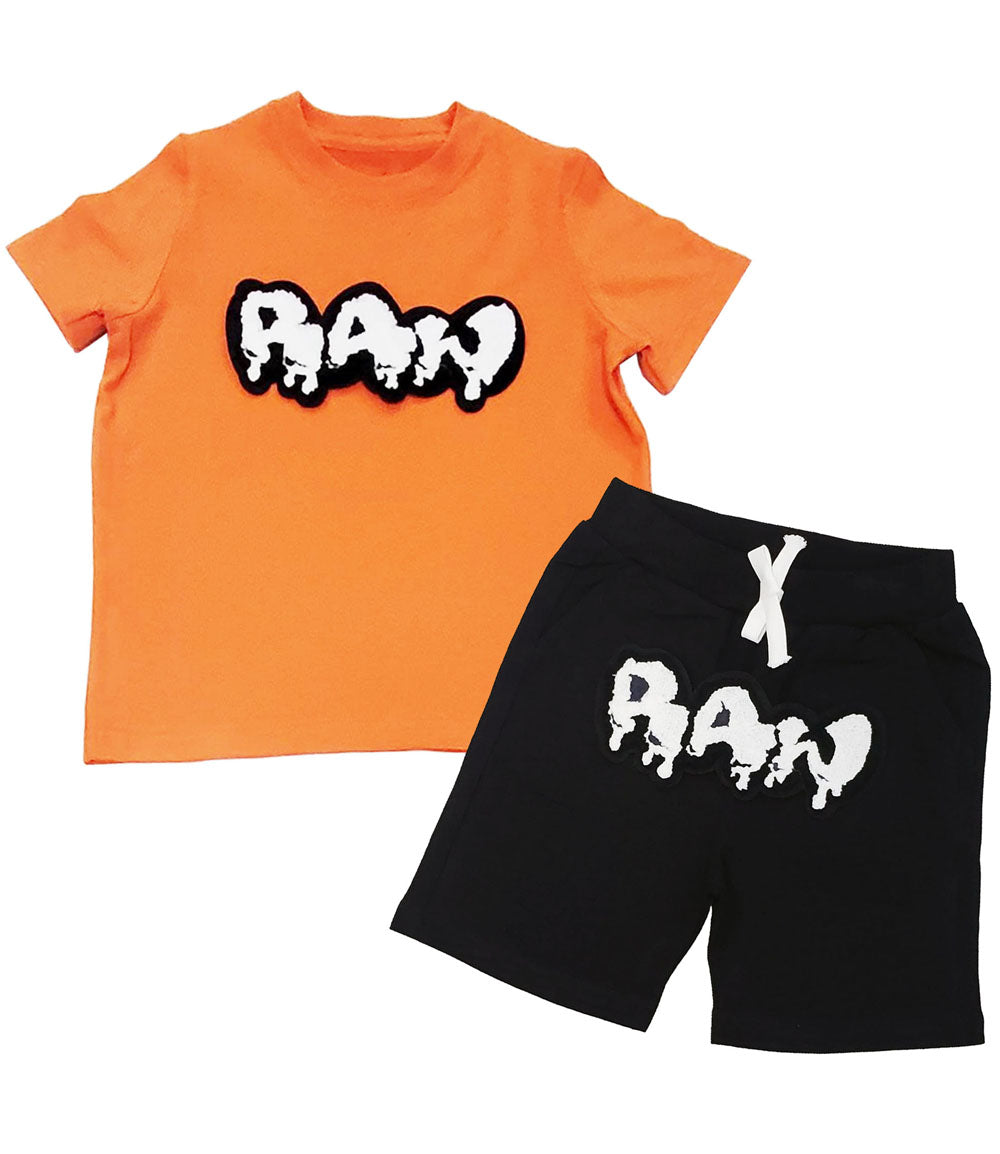 Kids RAW Drip White Chenille Crew Neck and Cotton Shorts Set