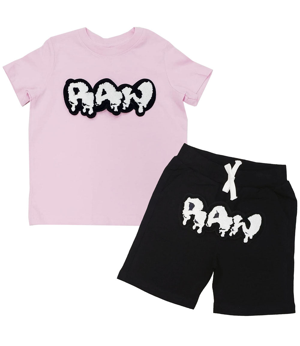 Kids RAW Drip White Chenille Crew Neck and Cotton Shorts Set