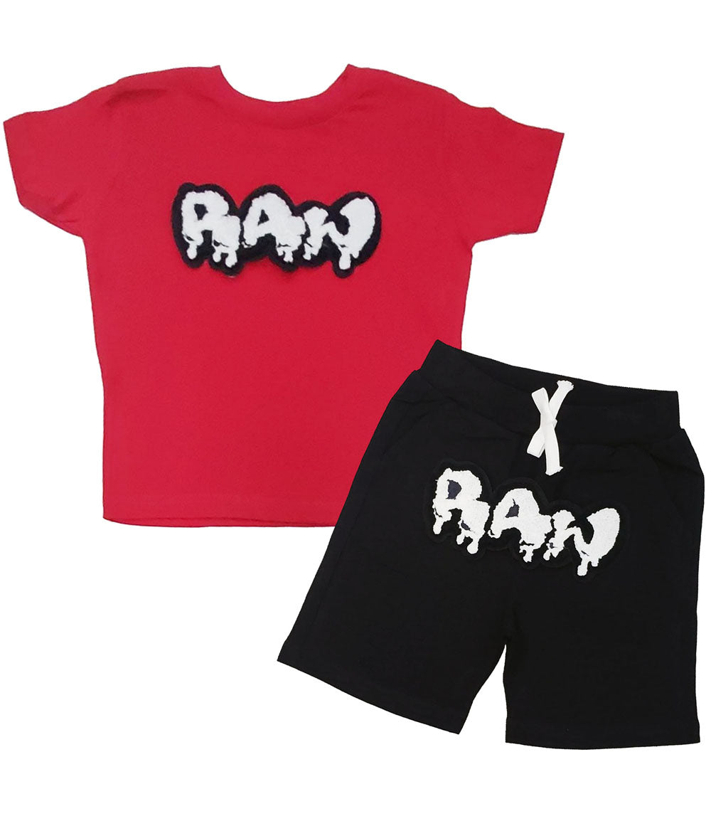 Kids RAW Drip White Chenille Crew Neck and Cotton Shorts Set