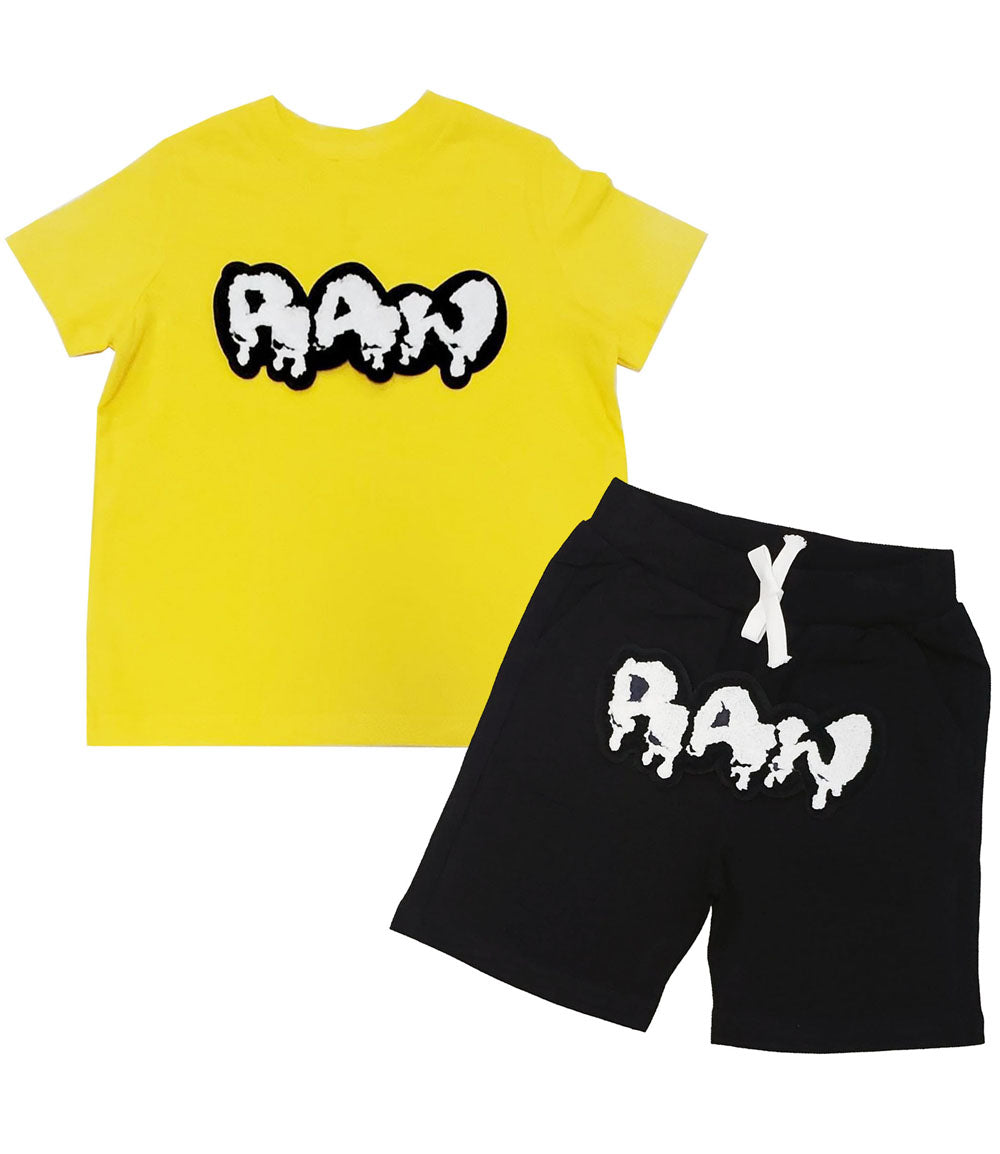 Kids RAW Drip White Chenille Crew Neck and Cotton Shorts Set