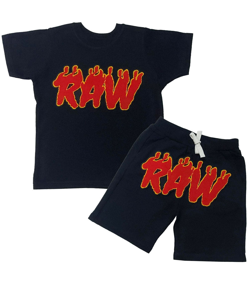 Kids RAW Flame Red Chenille Crew Neck and Cotton Shorts Set