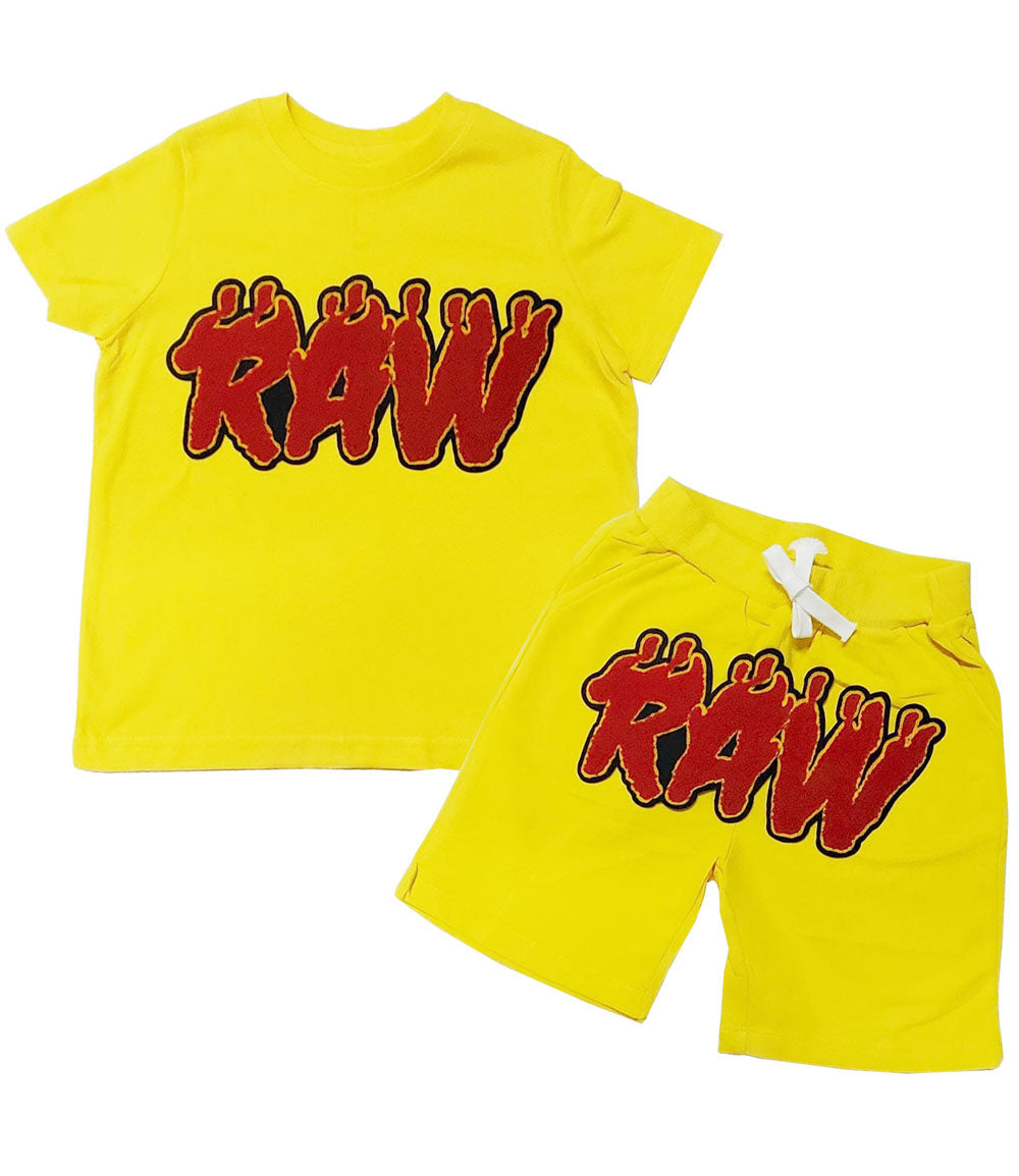 Kids RAW Flame Red Chenille Crew Neck and Cotton Shorts Set