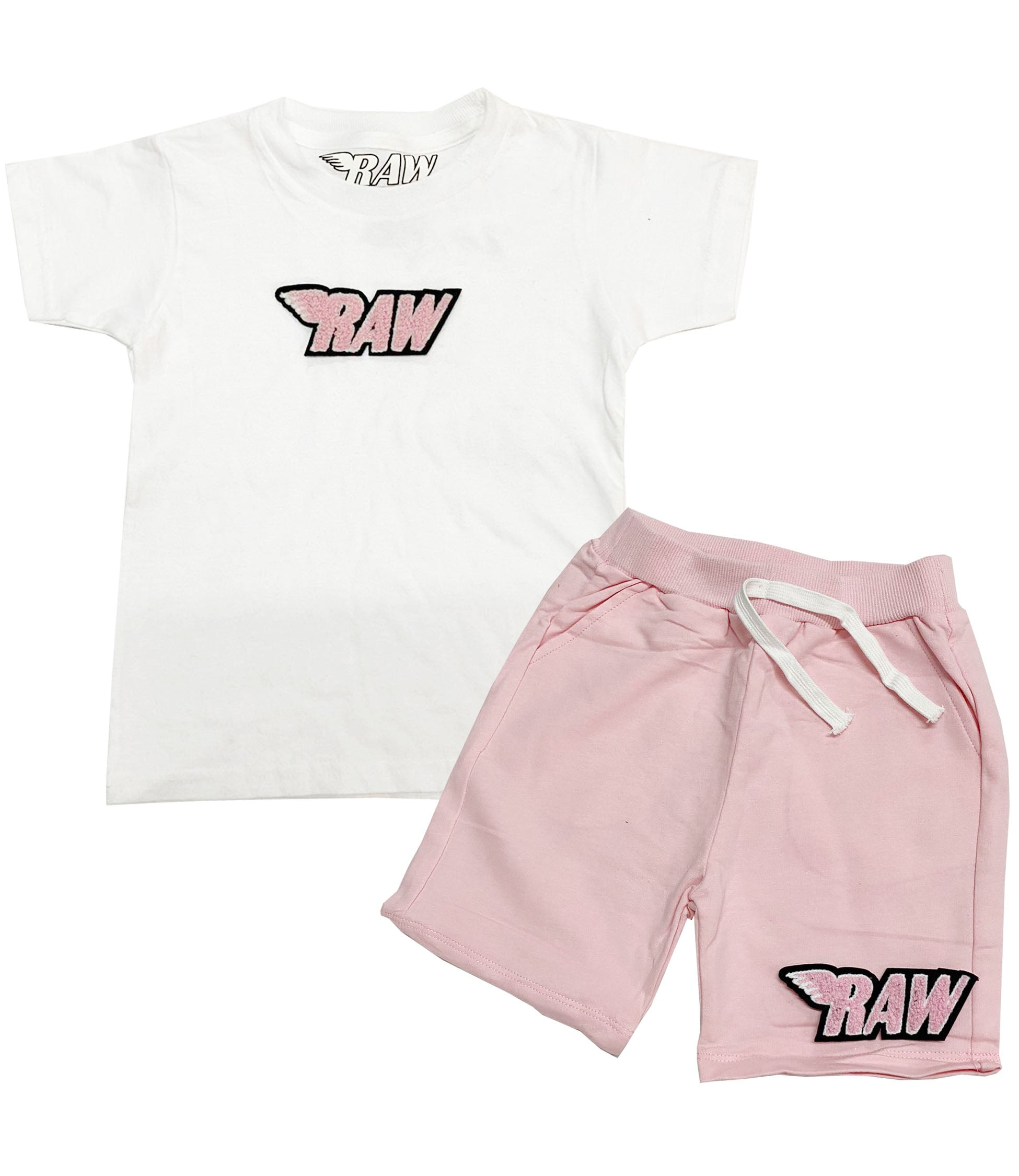 Kids RAW Wing Pink Chenille Crew Neck and Cotton Shorts Set